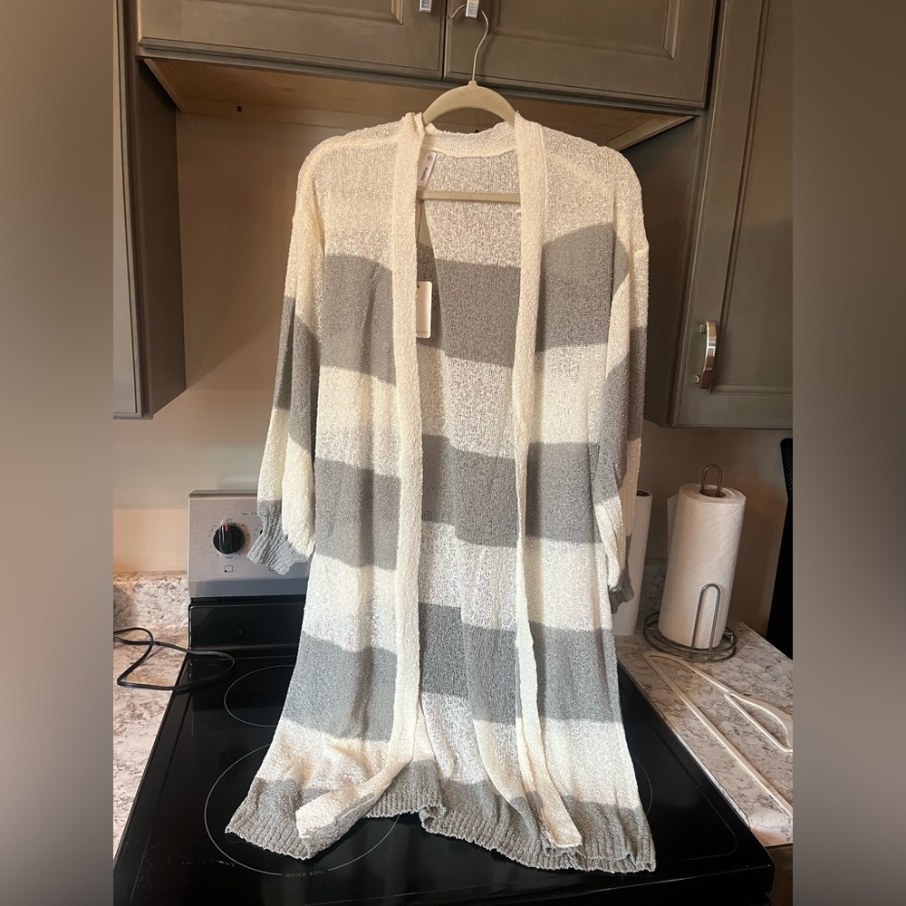 Long gray and white cardigan